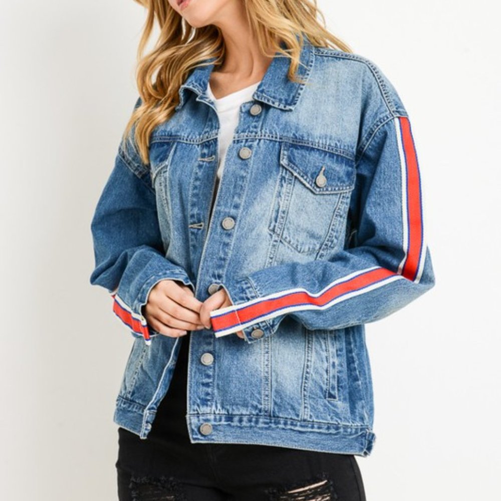 Stripe Sleeve Taped Detail Over-sized Jean Jacket - Picture 5 of 7